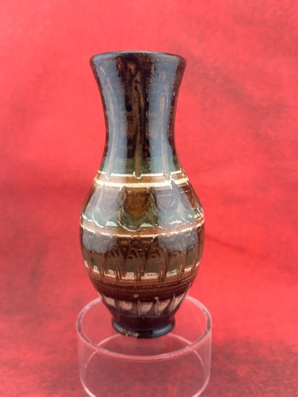 VINTAGE DRIP GLAZED STUDIO ART POTTERY VASE HAND-MADE AND HAND- PAINTED 6.5 in